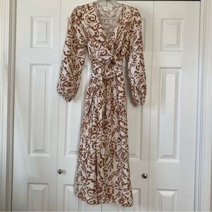 Flowy Brown Floral Wrap Maxi Dress | Wrap Waist – Long Puff Sleeve | M